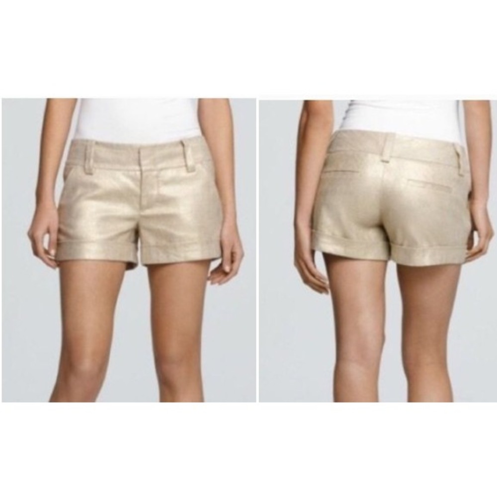 Alice + Olivia Gold Candy Metallic Linen Cuffed Shorts Size 6 Party Glam Luxe